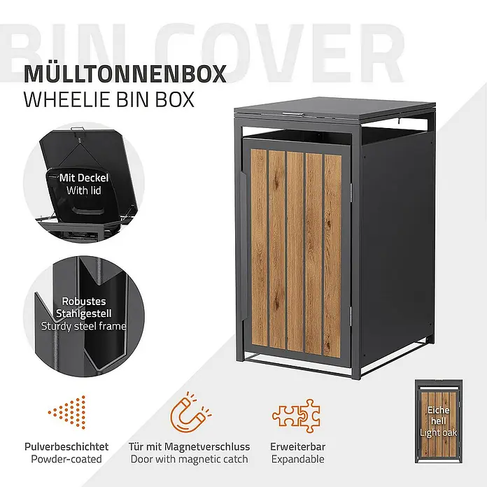 ML-Design Mülltonnenbox Mülltonnencontainer mit Klappdeckel/Tür für 1 Tonne 120 oder 240 Liter - Stahl, Eiche hell, Geeignet für Anzahl Mülltonnen: 1 Stk. - Bild einer Mülltonnenbox mit Deckel, robustem Stahlgestell, Magnetverschluss und Pulverbeschichtung in heller Eiche.