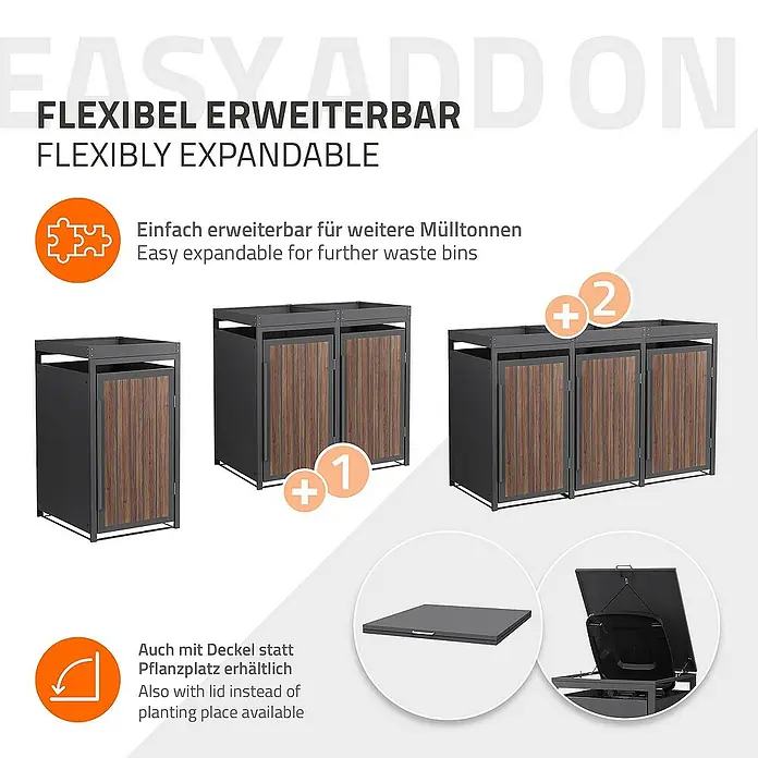 ML-Design Mülltonnenbox Mülltonnencontainer mit Pflanzdach für 1 Tonne 120 oder 240 Liter - Stahl, Eiche dunkel, Geeignet für Anzahl Mülltonnen: 1 Stk. - Bild einer flexibel erweiterbaren Mülltonnenbox mit optionalem Deckel statt Pflanzplatz.