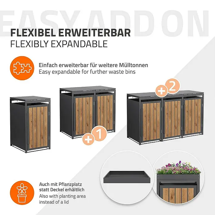 ML-Design Mülltonnenbox Mülltonnencontainer mit Klappdeckel/Tür für 1 Tonne 120 oder 240 Liter - Stahl, Eiche hell, Geeignet für Anzahl Mülltonnen: 1 Stk. - Das Bild zeigt einen flexibel erweiterbaren Mülltonnen-Schrank mit optionalem Pflanzplatz anstelle eines Deckels.