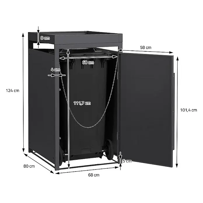 ML-Design Mülltonnenbox Mülltonnencontainer mit Pflanzdach für 1 Tonne 120 oder 240 Liter - Stahl, Eiche dunkel, Geeignet für Anzahl Mülltonnen: 1 Stk. - Eine Mülltonnenbox mit den Maßen 124 cm Höhe, 80 cm Breite und 68 cm Tiefe. Die geöffnete Tür ist 58 cm breit und 101,4 cm hoch.