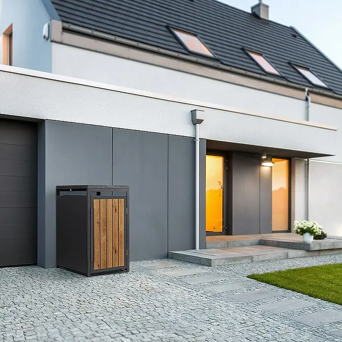 ML-Design Mülltonnenbox Mülltonnencontainer mit Klappdeckel/Tür für 1 Tonne 120 oder 240 Liter - Stahl, Eiche hell, Geeignet für Anzahl Mülltonnen: 1 Stk. - Der moderne, graue Mülltonnenbox mit Holztür fügt sich nahtlos in die stilvolle Hausumgebung ein. Praktisch und ästhetisch!
