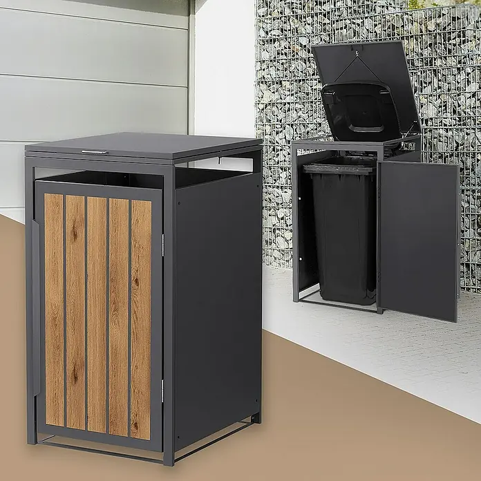 ML-Design Mülltonnenbox Mülltonnencontainer mit Klappdeckel/Tür für 1 Tonne 120 oder 240 Liter - Stahl, Eiche hell, Geeignet für Anzahl Mülltonnen: 1 Stk. - Bild von zwei Mülltonnenboxen für den Außenbereich.