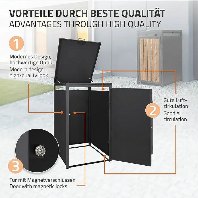 ML-Design Mülltonnenbox Mülltonnencontainer mit Klappdeckel/Tür für 1 Tonne 120 oder 240 Liter - Stahl, Eiche hell, Geeignet für Anzahl Mülltonnen: 1 Stk. - Bild einer Mülltonnenbox aus Metall mit Tür und Deckel. Die Box zeichnet sich durch ihr modernes Design und ihre hochwertige Optik aus.