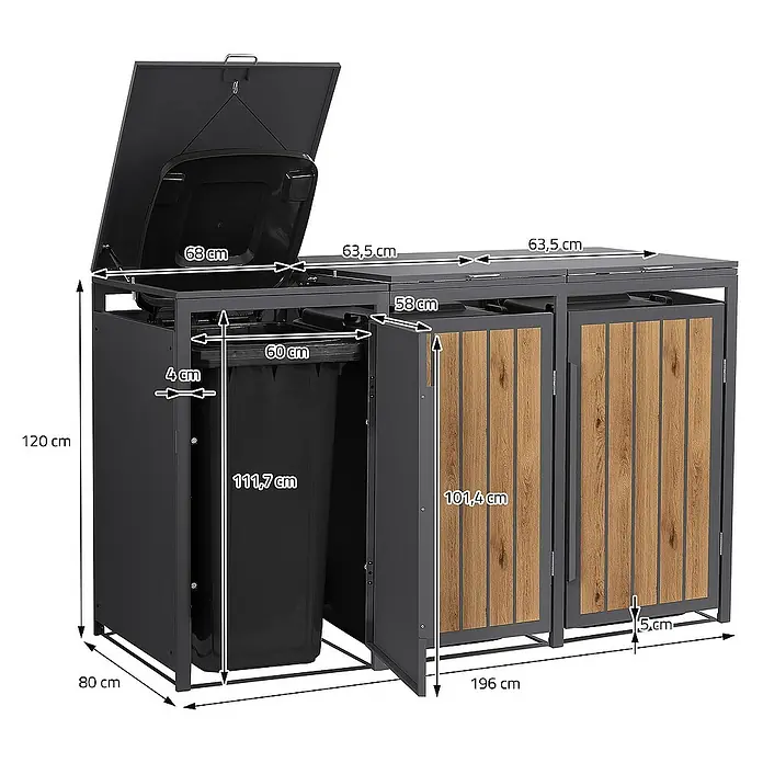 ML-Design Mülltonnenbox Mülltonnencontainer mit Klappdeckel/Tür für 3 Tonne 120 oder 240 Liter - 80 x 80 cm, Stahl, Eiche hell, Geeignet für Anzahl Mülltonnen: 3 Stk. - Bild einer Mülltonnenbox mit Abmessungen, ideal für die stilvolle und ordentliche Aufbewahrung von Mülltonnen im Außenbereich.