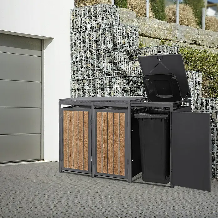 ML-Design Mülltonnenbox Mülltonnencontainer mit Klappdeckel/Tür für 3 Tonne 120 oder 240 Liter - 80 x 80 cm, Stahl, Eiche hell, Geeignet für Anzahl Mülltonnen: 3 Stk. - Dreifache Mülltonnenbox mit Holz- und Metallrahmen zur stilvollen Aufbewahrung von Abfallbehältern im Außenbereich.