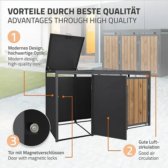 ML-Design Mülltonnenbox Mülltonnencontainer mit Klappdeckel/Tür für 3 Tonne 120 oder 240 Liter - 80 x 80 cm, Stahl, Eiche hell, Geeignet für Anzahl Mülltonnen: 3 Stk. - Produktbild einer Mülltonnenbox mit den Vorteilen wie Magnetverschlüssen und guter Luftzirkulation hervorgehoben.