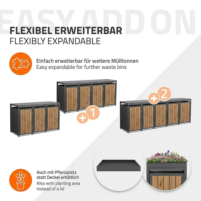 ML-Design Mülltonnenbox Mülltonnencontainer mit Klappdeckel/Tür für 3 Tonne 120 oder 240 Liter - 80 x 80 cm, Stahl, Eiche hell, Geeignet für Anzahl Mülltonnen: 3 Stk. - Mülltonnenboxen-System, flexibel erweiterbar für zusätzliche Abfallbehälter und mit Pflanzfläche statt Deckel erhältlich.