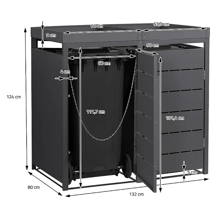 ML-Design Mülltonnenbox Mülltonnencontainer mit Pflanzdach für 2 Tonnen 120 oder 240 Liter - 80 x 80 cm, Stahl, Anthrazit, Geeignet für Anzahl Mülltonnen: 2 Stk. - Abmessungen des Mülltonnenbox-Doppel grau: 132x80x124 cm (BxTxH). Gezeigt werden die Maße der Mülltonnenbox im Detail.