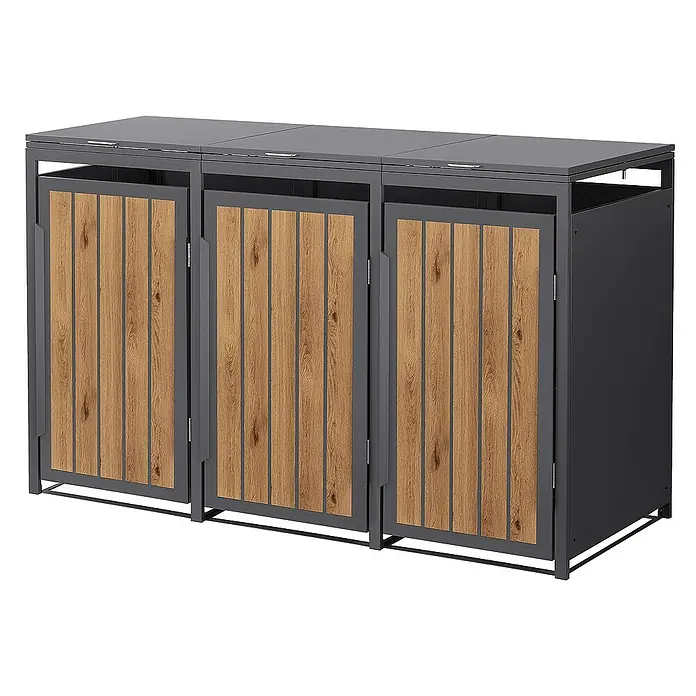 ML-Design Mülltonnenbox Mülltonnencontainer mit Klappdeckel/Tür für 3 Tonne 120 oder 240 Liter - 80 x 80 cm, Stahl, Eiche hell, Geeignet für Anzahl Mülltonnen: 3 Stk. - Moderner, grauer Mülltonnenbox mit drei Fächern und Türen mit Holzpaneelen zur stilvollen Aufbewahrung von Mülltonnen im Außenbereich.