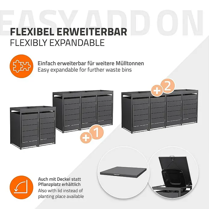 ML-Design Mülltonnenbox Mülltonnencontainer mit Pflanzdach für 2 Tonnen 120 oder 240 Liter - 80 x 80 cm, Stahl, Anthrazit, Geeignet für Anzahl Mülltonnen: 2 Stk. - Das Bild zeigt eine flexible, erweiterbare Mülltonnenbox in verschiedenen Größen und Ausführungen, inklusive Deckel als Alternative zum Pflanzplatz.