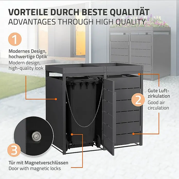 ML-Design Mülltonnenbox Mülltonnencontainer mit Pflanzdach für 2 Tonnen 120 oder 240 Liter - 80 x 80 cm, Stahl, Anthrazit, Geeignet für Anzahl Mülltonnen: 2 Stk. - Bild einer Mülltonnenbox mit den Vorteilen, wie Design, Luftzirkulation und Magnetverschlüssen.