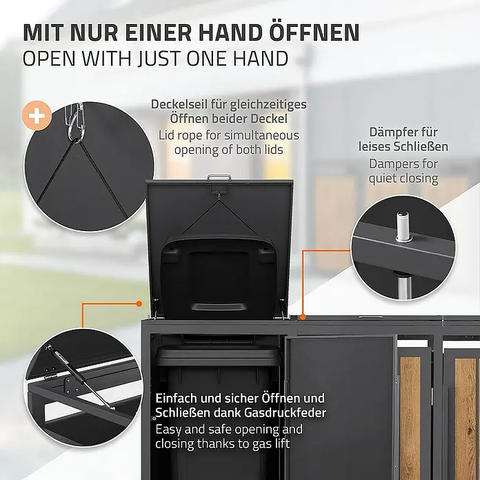 ML-Design Mülltonnenbox Mülltonnencontainer mit Klappdeckel/Tür für 3 Tonne 120 oder 240 Liter - 80 x 80 cm, Stahl, Eiche hell, Geeignet für Anzahl Mülltonnen: 3 Stk. - Das Bild zeigt eine Mülltonnenbox mit praktischen Funktionen wie Deckelverbindungsseil und Gasdruckfeder.