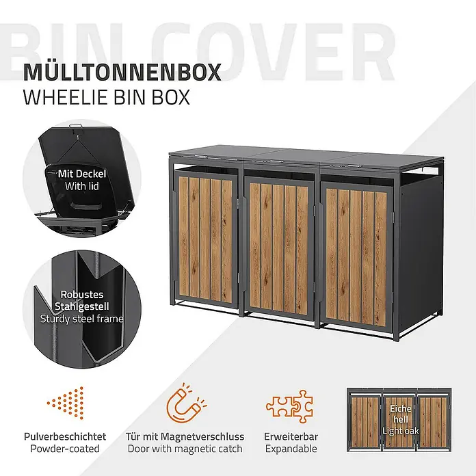 ML-Design Mülltonnenbox Mülltonnencontainer mit Klappdeckel/Tür für 3 Tonne 120 oder 240 Liter - 80 x 80 cm, Stahl, Eiche hell, Geeignet für Anzahl Mülltonnen: 3 Stk. - Mülltonnenbox mit robustem Stahlrahmen, pulverbeschichtet, Tür mit Magnetverschluss und erweiterbar. In heller Eiche erhältlich.