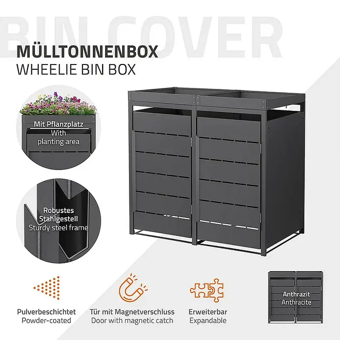 ML-Design Mülltonnenbox Mülltonnencontainer mit Pflanzdach für 2 Tonnen 120 oder 240 Liter - 80 x 80 cm, Stahl, Anthrazit, Geeignet für Anzahl Mülltonnen: 2 Stk. - Mülltonnenbox für zwei Mülltonnen mit Pflanzkasten, pulverbeschichtetem Stahlgestell und Magnetverschluss. Erweiterbar und in Anthrazit erhältlich.