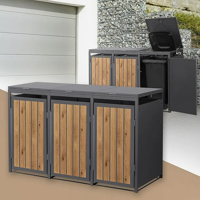 ML-Design Mülltonnenbox Mülltonnencontainer mit Klappdeckel/Tür für 3 Tonne 120 oder 240 Liter - 80 x 80 cm, Stahl, Eiche hell, Geeignet für Anzahl Mülltonnen: 3 Stk. - Abfallbehälter für den Außenbereich mit Holzverkleidung und grauem Metallrahmen, perfekt für die Mülltrennung und stilvolle Aufbewahrung.
