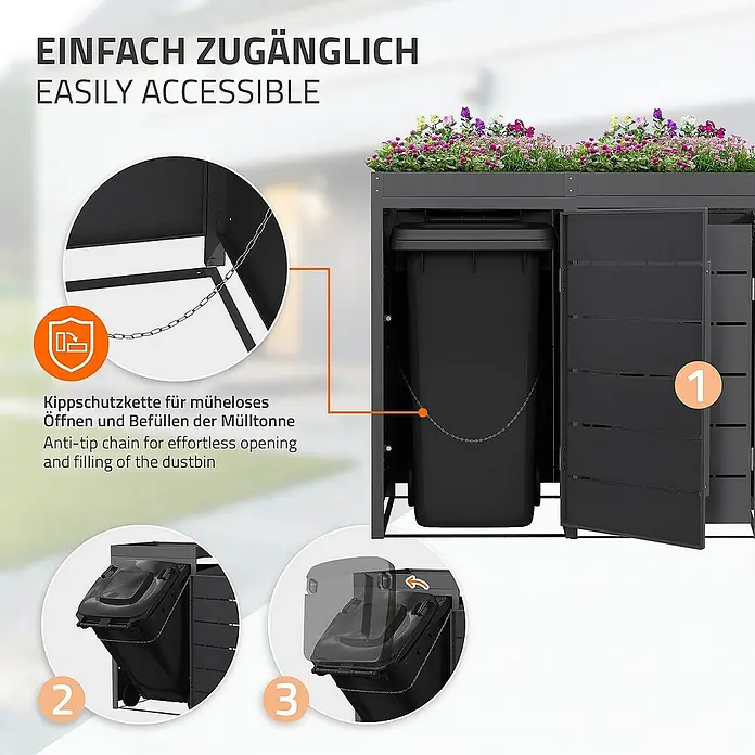 ML-Design Mülltonnenbox Mülltonnencontainer mit Pflanzdach für 2 Tonnen 120 oder 240 Liter - 80 x 80 cm, Stahl, Anthrazit, Geeignet für Anzahl Mülltonnen: 2 Stk. - Bild einer Mülltonnenbox mit Pflanzkasten, die das einfache Öffnen und Befüllen der Tonne durch eine Kippschutzkette zeigt.