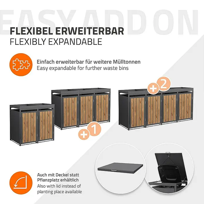 ML-Design Mülltonnenbox Mülltonnencontainer mit Pflanzdach für 2 Tonnen 120 oder 240 Liter - Stahl, Eiche hell, Geeignet für Anzahl Mülltonnen: 2 Stk. - Produktbild einer flexibel erweiterbaren Mülltonnenbox mit optionalem Deckel. Ideal für die mühelose Abfalltrennung im Außenbereich.