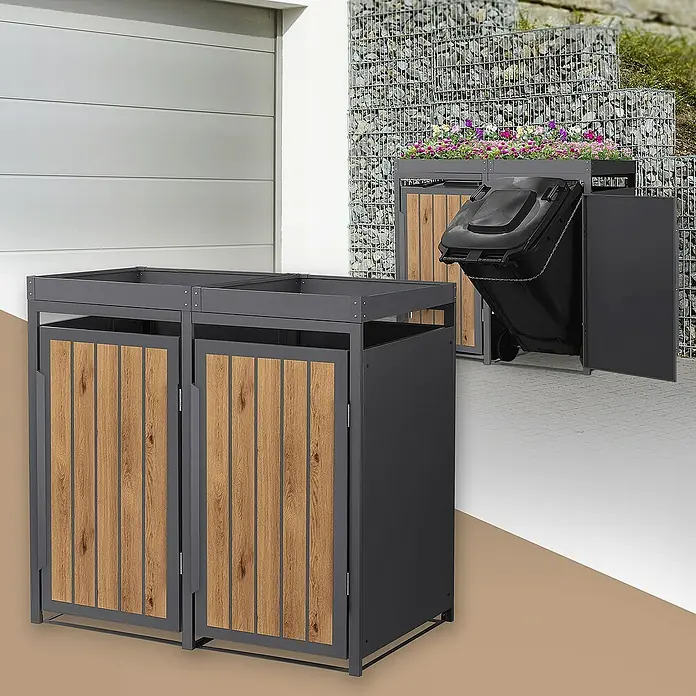 ML-Design Mülltonnenbox Mülltonnencontainer mit Pflanzdach für 2 Tonnen 120 oder 240 Liter - Stahl, Eiche hell, Geeignet für Anzahl Mülltonnen: 2 Stk. - Doppel-Mülltonnenbox mit Holzverkleidung und grauem Rahmen, ideal zur stilvollen Aufbewahrung von Mülltonnen im Außenbereich.