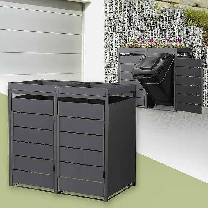 ML-Design Mülltonnenbox Mülltonnencontainer mit Pflanzdach für 2 Tonnen 120 oder 240 Liter - 80 x 80 cm, Stahl, Anthrazit, Geeignet für Anzahl Mülltonnen: 2 Stk. - Bild eines doppelten Mülltonnenbox mit Lamellenfront und einer einzelnen Mülltonnenbox mit Blumenerde und einer offenen Tür.