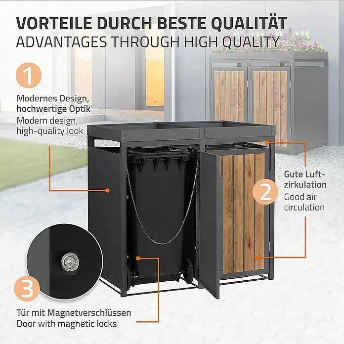 ML-Design Mülltonnenbox Mülltonnencontainer mit Pflanzdach für 2 Tonnen 120 oder 240 Liter - Stahl, Eiche hell, Geeignet für Anzahl Mülltonnen: 2 Stk. - Das Produkt ist ein Mülltonnenbox mit modernem Design, guter Luftzirkulation und Tür mit Magnetverschlüssen.