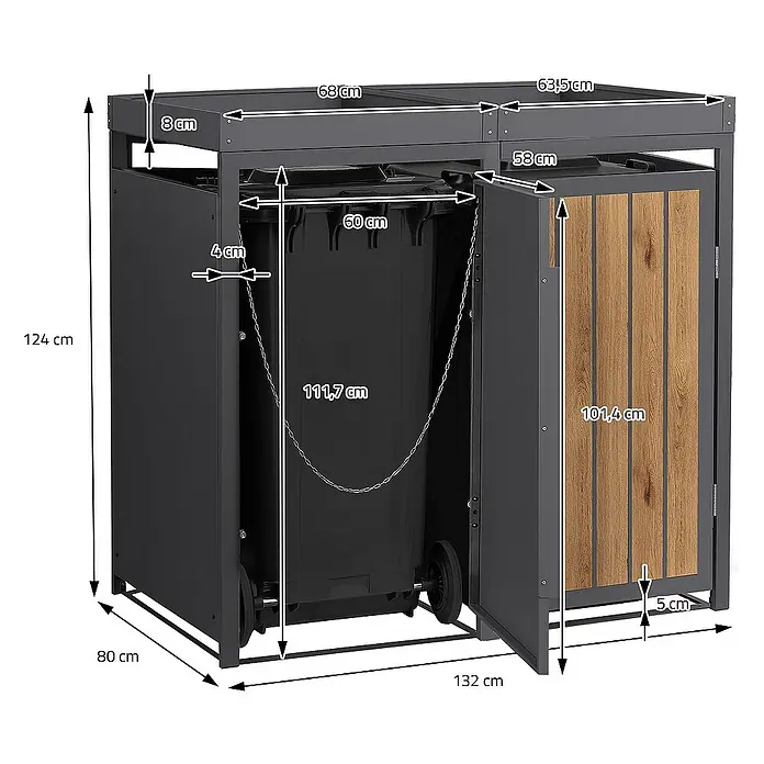 ML-Design Mülltonnenbox Mülltonnencontainer mit Pflanzdach für 2 Tonnen 120 oder 240 Liter - Stahl, Eiche hell, Geeignet für Anzahl Mülltonnen: 2 Stk. - Bild eines Mülltonnenbox für zwei Tonnen mit Größenangaben in Zentimetern.