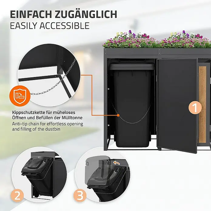 ML-Design Mülltonnenbox Mülltonnencontainer mit Pflanzdach für 2 Tonnen 120 oder 240 Liter - Stahl, Eiche hell, Geeignet für Anzahl Mülltonnen: 2 Stk. - Bild einer Mülltonnenbox mit Blumenbepflanzung, die das einfache Öffnen und Befüllen der Mülltonne durch eine Kippschutzkette ermöglicht.