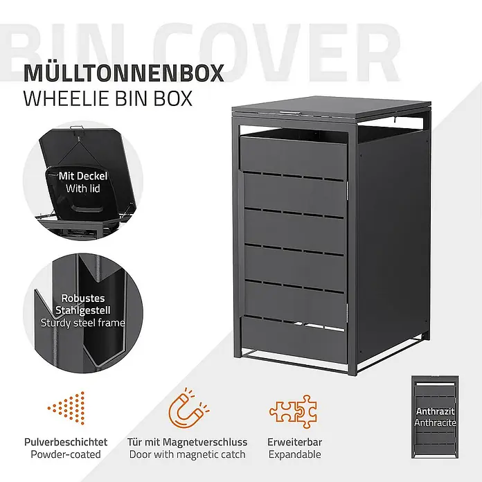 ML-Design Mülltonnenbox Mülltonnencontainer mit Klappdeckel/Tür für 1 Tonne 120 oder 240 Liter - Stahl, Anthrazit, Geeignet für Anzahl Mülltonnen: 1 Stk. - Das Bild zeigt eine graue Mülltonnenbox mit robustem Stahlrahmen, Pulverbeschichtung, Deckel und Magnetverschluss für die Tür.