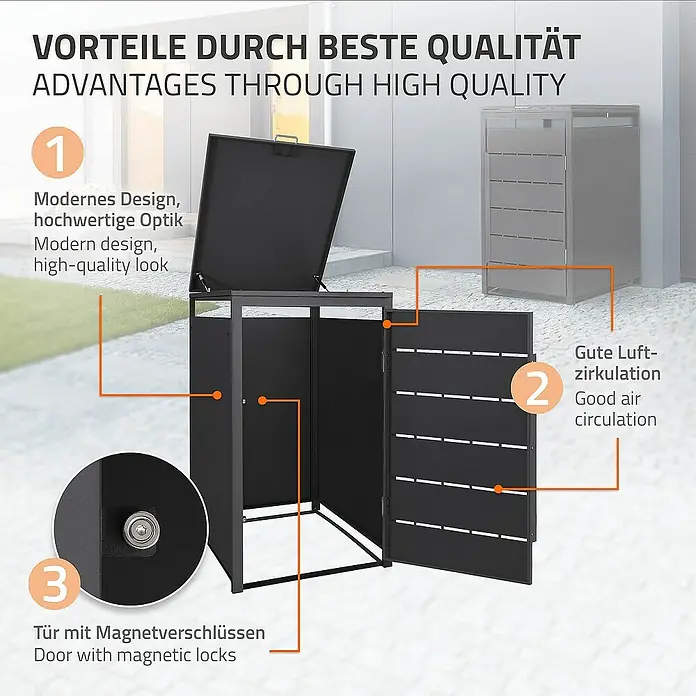 ML-Design Mülltonnenbox Mülltonnencontainer mit Klappdeckel/Tür für 1 Tonne 120 oder 240 Liter - Stahl, Anthrazit, Geeignet für Anzahl Mülltonnen: 1 Stk. - Das Bild zeigt eine hochwertige Mülltonnenbox mit modernem Design, guter Luftzirkulation und Magnetverschlüssen für die Tür.