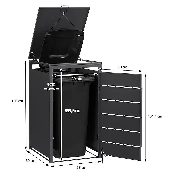 ML-Design Mülltonnenbox Mülltonnencontainer mit Klappdeckel/Tür für 1 Tonne 120 oder 240 Liter - Stahl, Anthrazit, Geeignet für Anzahl Mülltonnen: 1 Stk. - Ein Mülltonnenbox mit geöffnetem Deckel und Tür zeigt die Abmessungen des Produkts.