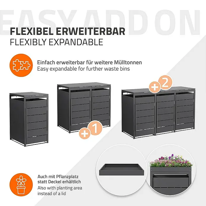 ML-Design Mülltonnenbox Mülltonnencontainer mit Klappdeckel/Tür für 1 Tonne 120 oder 240 Liter - Stahl, Anthrazit, Geeignet für Anzahl Mülltonnen: 1 Stk. - Das Bild zeigt eine flexible, erweiterbare Mülltonnenbox. Sie ist einfach erweiterbar für weitere Mülltonnen und hat auch einen Pflanzplatz.