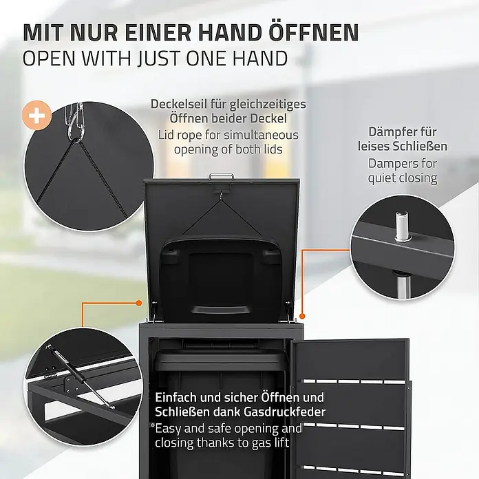 ML-Design Mülltonnenbox Mülltonnencontainer mit Klappdeckel/Tür für 1 Tonne 120 oder 240 Liter - Stahl, Anthrazit, Geeignet für Anzahl Mülltonnen: 1 Stk. - Mülltrennsystem mit Deckel, der sich mit einer Hand öffnen lässt, Gasdruckfeder und Dämpfer für leises Schließen.