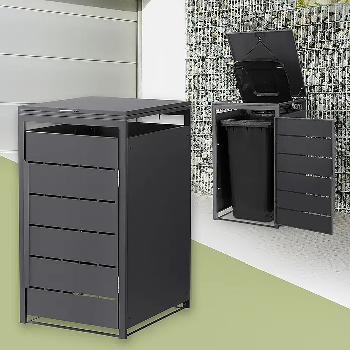 ML-Design Mülltonnenbox Mülltonnencontainer mit Klappdeckel/Tür für 1 Tonne 120 oder 240 Liter - Stahl, Anthrazit, Geeignet für Anzahl Mülltonnen: 1 Stk. - Abfalltonnenboxen aus Metall in Anthrazit. Die Boxen sind mit Lamellentüren und Deckeln ausgestattet. Praktische Mülltonnenaufbewahrung für den Außenbereich.