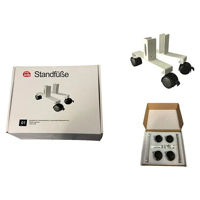 Jollytherm Standfuß - L x B x H: 19 x 4 x 17 cm - Das Bild zeigt eine Produktaufnahme von Bella Jolly Standfüßen für Infrarotheizkörper. Hochwertige Metallausführung mit Rollen sperrbar, Farbe Weiß.