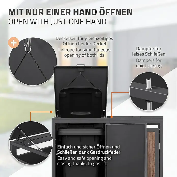 ML-Design Mülltonnenbox Mülltonnencontainer mit Klappdeckel/Tür für 2 Tonne 120 oder 240 Liter - Stahl, Eiche dunkel, Geeignet für Anzahl Mülltonnen: 2 Stk. - Mülltonnenbox mit Gasdruckfederung für einfaches Öffnen und Schließen, Dämpfer für leises Schließen und Deckelseil für beide Deckel.