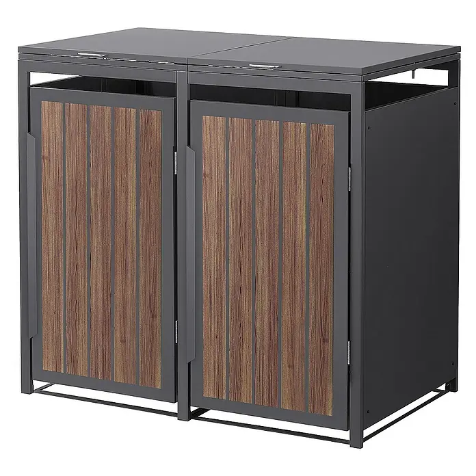 ML-Design Mülltonnenbox Mülltonnencontainer mit Klappdeckel/Tür für 2 Tonne 120 oder 240 Liter - Stahl, Eiche dunkel, Geeignet für Anzahl Mülltonnen: 2 Stk. - Doppelter Mülltonnenbox aus grauem Metall mit Holzfronten, ideal für die stilvolle Aufbewahrung von Abfallbehältern im Außenbereich.