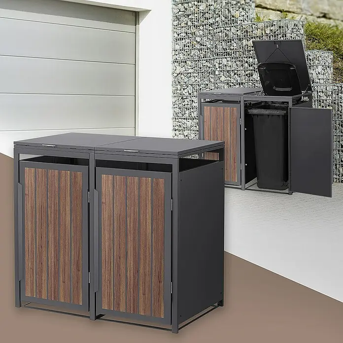 ML-Design Mülltonnenbox Mülltonnencontainer mit Klappdeckel/Tür für 2 Tonne 120 oder 240 Liter - Stahl, Eiche dunkel, Geeignet für Anzahl Mülltonnen: 2 Stk. - Bild eines Mülltonnenbox-Sets aus Metall mit Holzfronten, das eine stilvolle Aufbewahrungslösung für Mülltonnen im Freien bietet.