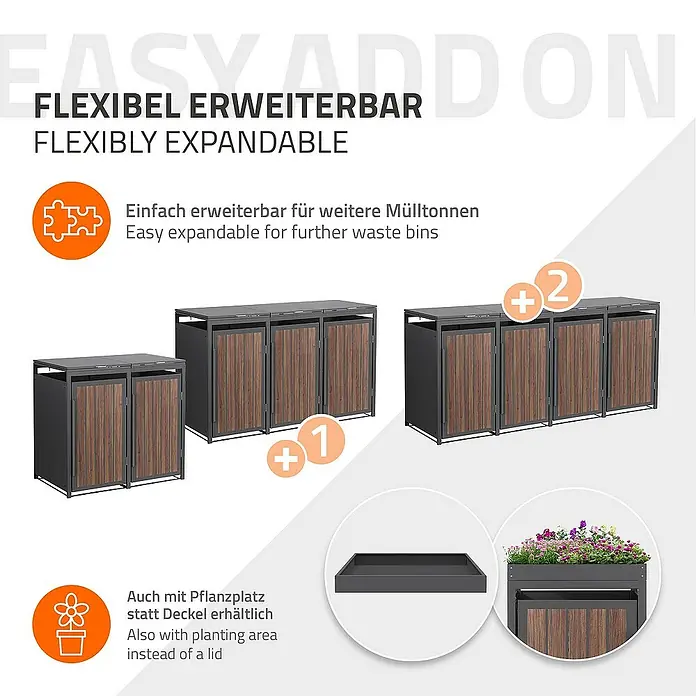 ML-Design Mülltonnenbox Mülltonnencontainer mit Klappdeckel/Tür für 2 Tonne 120 oder 240 Liter - Stahl, Eiche dunkel, Geeignet für Anzahl Mülltonnen: 2 Stk. - Flexibel erweiterbare Mülltonnenbox mit optionalem Pflanzplatz statt Deckel.