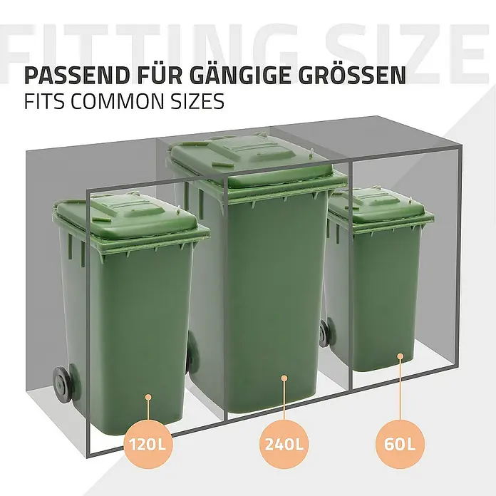 ML-Design Mülltonnenbox Mülltonnencontainer mit Klappdeckel/Tür für 2 Tonne 120 oder 240 Liter - Stahl, Eiche dunkel, Geeignet für Anzahl Mülltonnen: 2 Stk. - Das Bild zeigt drei grüne Mülltonnen in verschiedenen Größen, passend für gängige Größen. 120L, 240L und 60L Mülltonne.