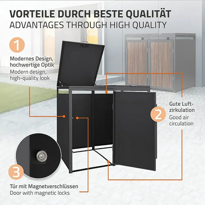 ML-Design Mülltonnenbox Mülltonnencontainer mit Klappdeckel/Tür für 2 Tonne 120 oder 240 Liter - Stahl, Eiche dunkel, Geeignet für Anzahl Mülltonnen: 2 Stk. - Bild einer Mülltonnenbox mit den Vorteilen hervorgehoben: modernes Design, gute Luftzirkulation und Tür mit Magnetverschlüssen.