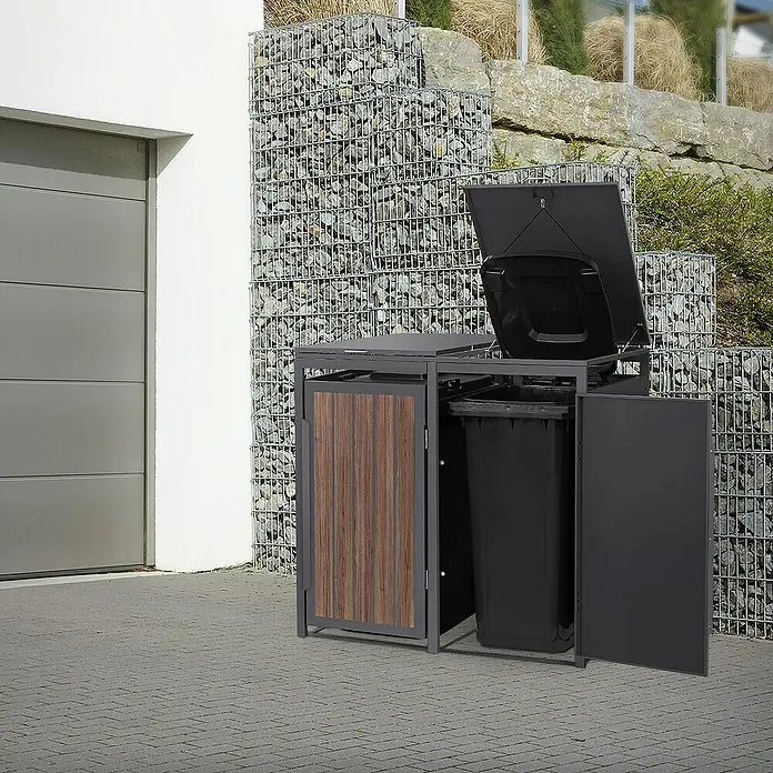 ML-Design Mülltonnenbox Mülltonnencontainer mit Klappdeckel/Tür für 2 Tonne 120 oder 240 Liter - Stahl, Eiche dunkel, Geeignet für Anzahl Mülltonnen: 2 Stk. - Mülltonnenbox aus Metall und Holz mit geöffnetem Deckel und Tür zur einfachen Entnahme der Mülltonne. Ideal für den Außenbereich.