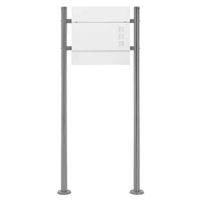 ECD Germany Standbriefkasten Briefkastenanlage mit Ständer Silber 120cm Mailbox mit Pfosten - L x B x H: 17,5 x 55 x 120 cm, Silber, Weiß, Edelstahl - Modernes Heizkörperdesign: Ein weißer Heizkörper mit drei quadratischen Aussparungen, montiert auf schlanken, silberfarbenen Edelstahlbeinen.
