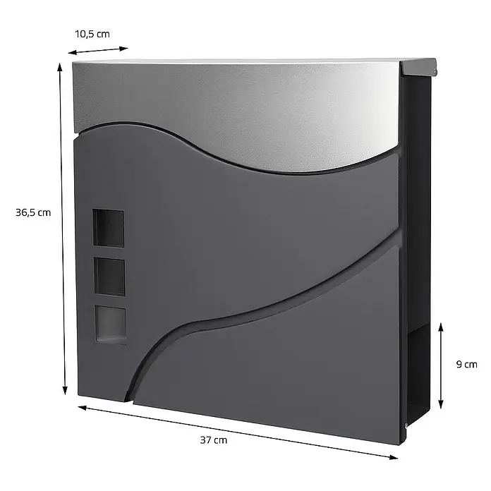 ECD Germany Standbriefkasten Briefkastenanlage mit Ständer Anthrazit 120cm Mailbox mit Pfosten - L x B x H: 17,5 x 55 x 120 cm, Anthrazit, Silber, Edelstahl - Eine moderne, graue Briefkasten mit silbernen Akzenten und Maßangaben für Höhe, Breite und Tiefe.