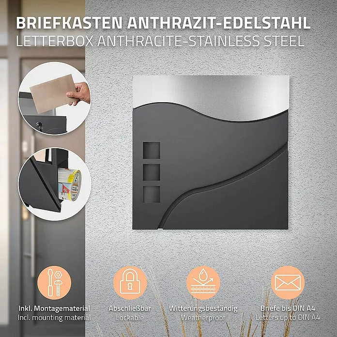 ECD Germany Standbriefkasten Briefkastenanlage mit Ständer Anthrazit 120cm Mailbox mit Pfosten - L x B x H: 17 x 42,5 x 120 cm, Anthrazit, Silber, Edelstahl - Bild eines anthrazitfarbenen Briefkastens aus Edelstahl, der an einer Wand montiert ist und über Montagematerial verfügt.