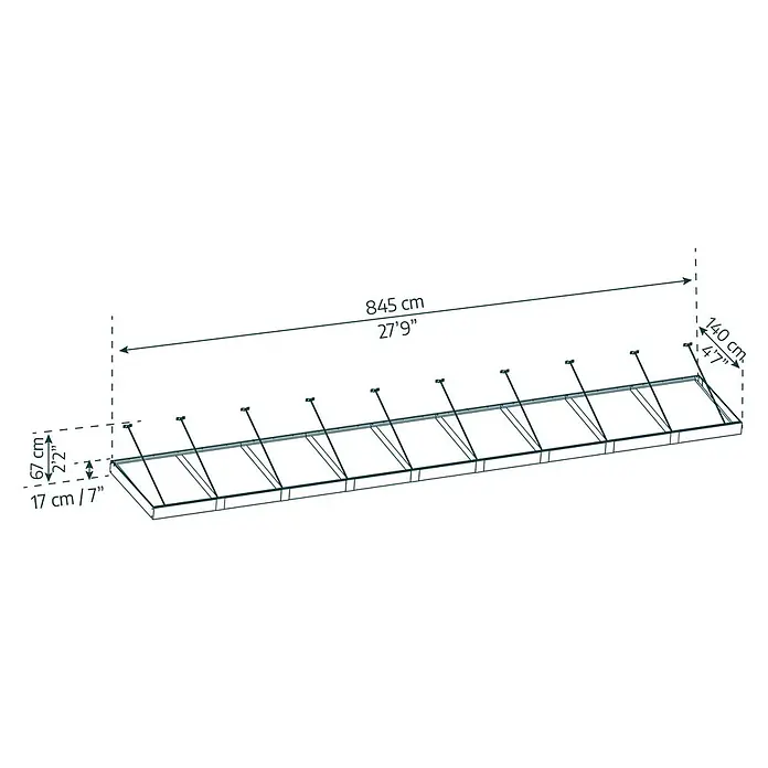Palram – Canopia Pultvordach Sophia XL - 845 x 140 x 17 cm, Anthrazitgrau, Farbe Dach: Klar - Eine schematische Darstellung einer langen, rechteckigen Überdachung mit Abmessungen in Zentimetern und Fuß angegeben.