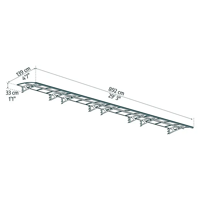 Palram – Canopia Pultvordach Amsterdam - 892 x 139 x 33 cm, Anthrazitgrau - Produktabbildung einer Terrassenüberdachung mit Maßangaben. Die Überdachung bietet Schutz vor Sonne und Regen und wertet jede Terrasse auf.