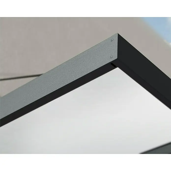 Palram – Canopia Pultvordach Sophia XL - 750 x 140 x 17 cm, Anthrazitgrau, Farbe Dach: Opal - Nahaufnahme eines modernen, quadratischen Metallrahmens in Grau und Schwarz, der Stabilität und schlichte Ästhetik vereint.