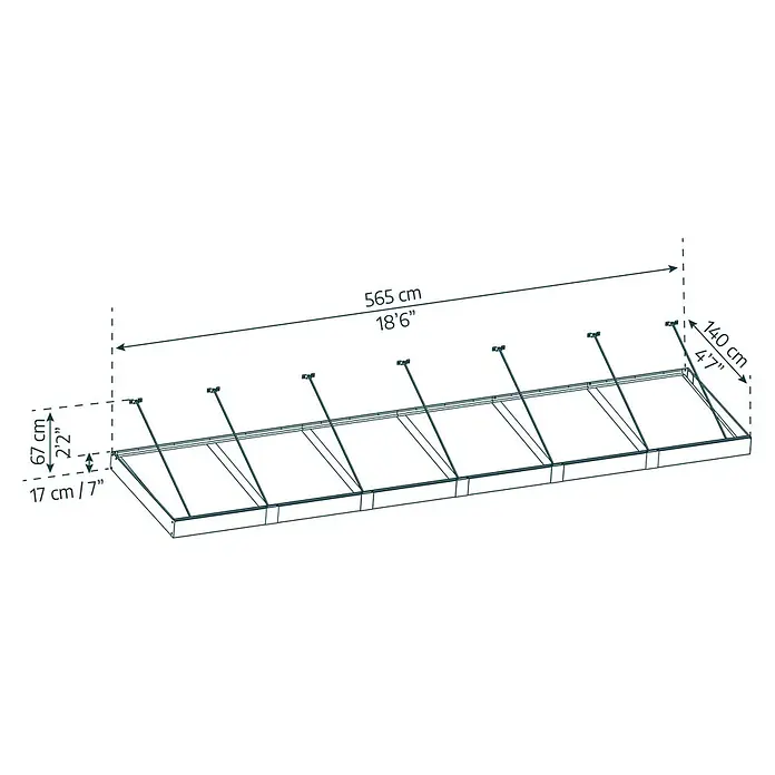 Palram – Canopia Pultvordach Sophia XL - 565 x 140 x 17 cm, Anthrazitgrau, Farbe Dach: Klar - Produktabbildung mit den Maßen 565 cm Länge, 140 cm Breite und einer Höhe von 67 cm. Schematische Darstellung einer Überdachung.