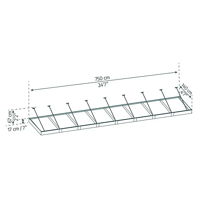 Palram – Canopia Pultvordach Sophia XL - 750 x 140 x 17 cm, Anthrazitgrau, Farbe Dach: Opal - Produktbild einer Markise mit den Maßen 750 cm Länge, 140 cm Breite und einer Höhe von 67 cm.