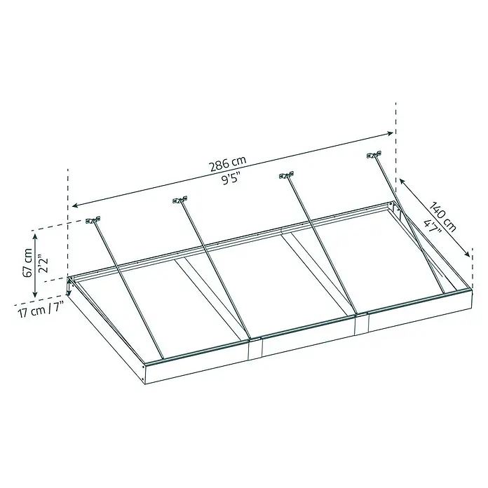 Palram – Canopia Pultvordach Sophia XL - 286 x 140 x 17 cm, Anthrazitgrau, Farbe Dach: Klar - Schematische Darstellung eines Bettgestells mit den Maßen 286 cm Länge, 140 cm Breite und einer Höhe von 17 cm.