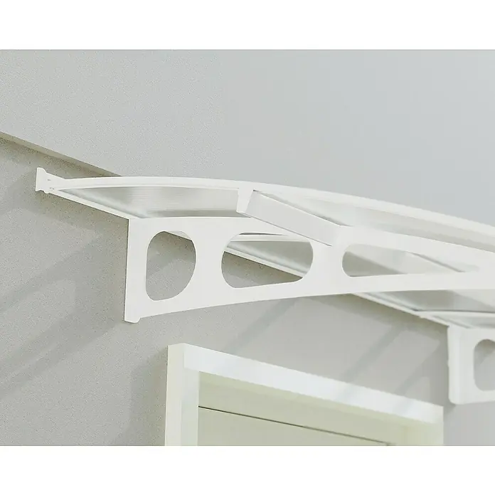 Palram – Canopia Pultvordach Bordeaux - 890 x 139 x 33 cm, Weiß, Polycarbonat Doppelstegplatte - Nahaufnahme einer weißen Türvordachkonstruktion mit transparentem Dach und dekorativen Ausschnitten.